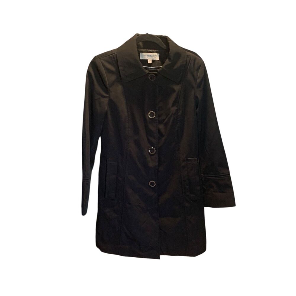 Anne Klein Womens Classic Black Midi Length Trenchcoat S Capsul Neutral Office